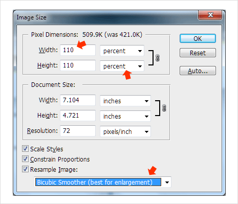 In the pop-up box, select the percentage option and then enter 110 for width and height in place of 100 percentage value (as we are increasing size by 10%).