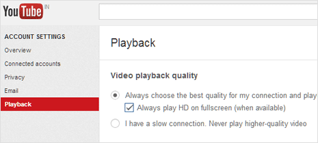 Enable HD video playback setting in youtube account