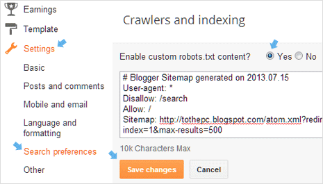 blogger dashboard setting for xml sitemap robots.txt