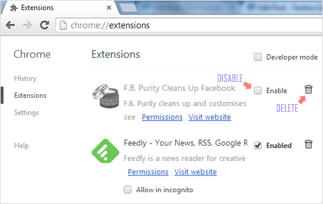 delete, remove extensions in google chrome