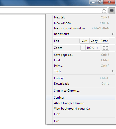 google chrome settings menu option