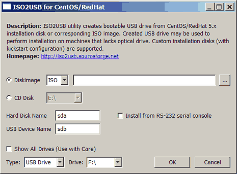 Download ISO2USB utility for making bootable USB drive of CentOS / RedHat. It works fine on Windows XP and Vista systems.