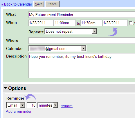 Send self future email reminder with Google Calendar