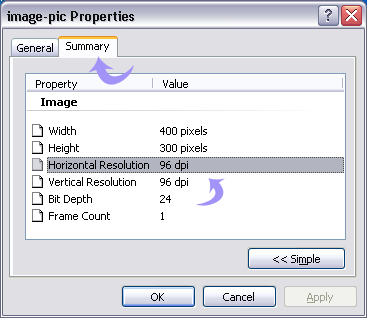 dpi check resolution horizontal value vertical