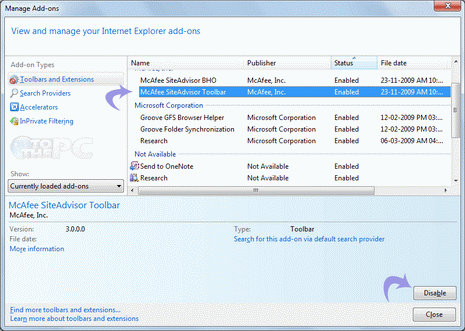 internet explorer disable add ons