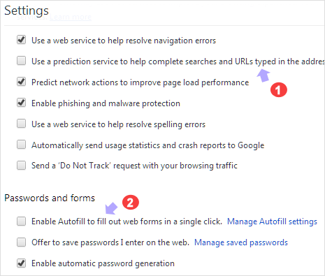 disable and stop automatic url complete suggestions and auto-fill in chrome browser
