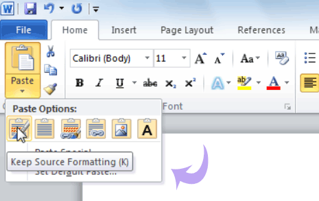 how to keep source formatting in word