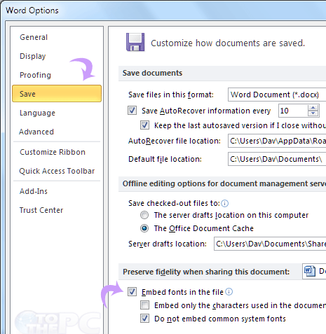 embed fonts in word document