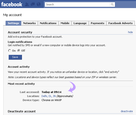 facebook logon.  country location and application device used to login into Facebook.