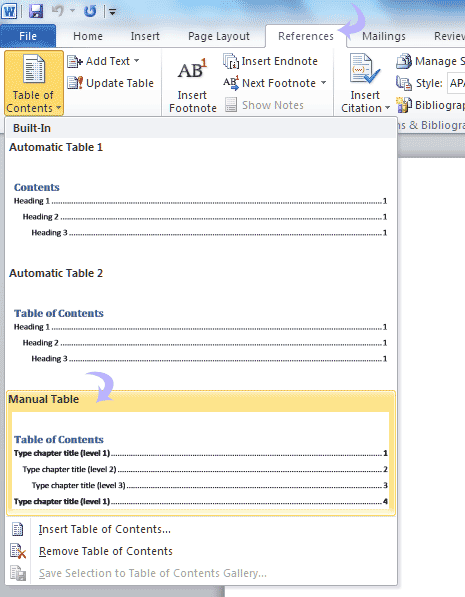 how to manually edit table of contents in word