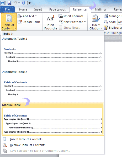 create manual table of contents word 2010