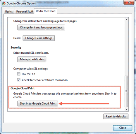 Enable Google cloud print in Chrome