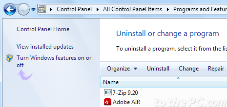 control panel programs and features