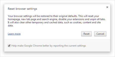 reset google chrome to original default button