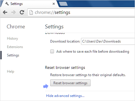 Google Chrome Reset feature in settings