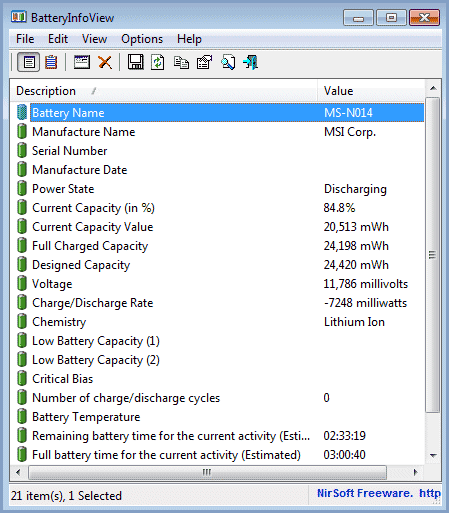 Check laptop battery name, charge capacity &amp; cycles