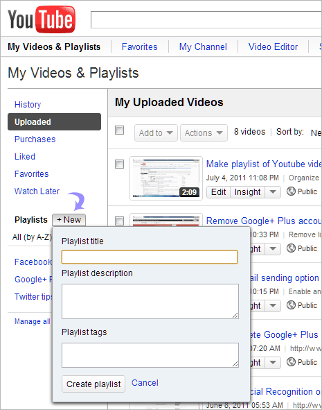 How to create Playlist of Youtube videos