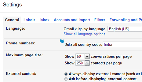 Change country code for phone numbers in Gmail Contacts