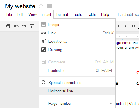insert horizontal line in google document