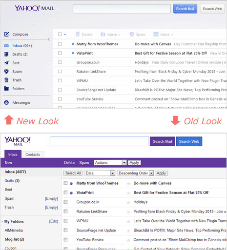 Compare old and new look yahoo mail inbox