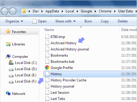Default Google Chrome folder with History File