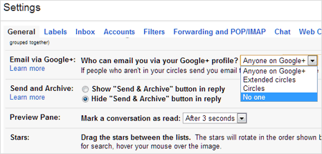 Stop Google Plus users from sending emails on Gmail