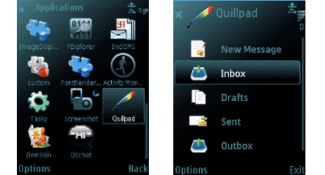 Goto Applications screen and select Quillpad option. After the splash screen, select “New Message” option and type your message. It supports Hindi language 