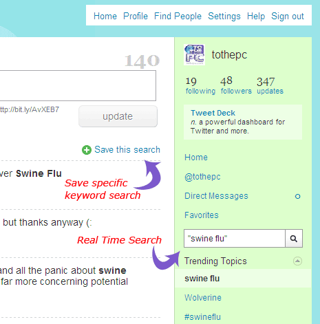Real Time Twitter search, save favorite searches